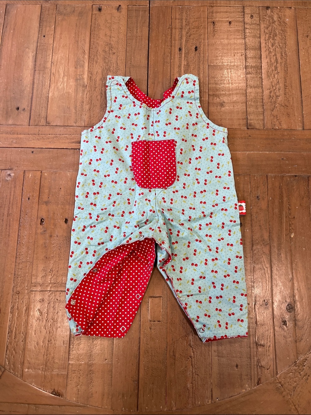 Boutique Aqua cherry print reversible red polka dot overalls 6-9 months